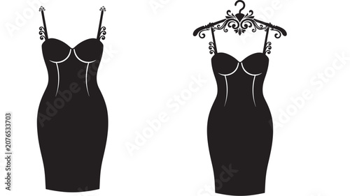 Foto Dress Fashion Silhouettes with Black Vector Curves, Showing Lingerie Style Bodic
