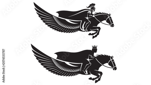 Fotografie Horse Knight Wings Silhouette Icon Design with Crown and Sword, Black Emblem Sty