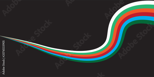 Trendy striped pattern of curved colored parallel lines on a black background. Modern vector background in retro style. Disco