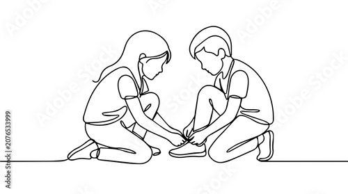 Girl helping boy tie shoelace continuous line drawing. Minimalist vector graphic isolated on white background