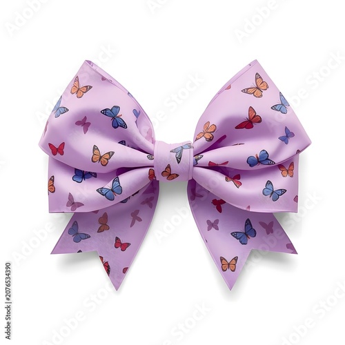 Purple butterfly bow accessory with colorful insect print isolated on white background.