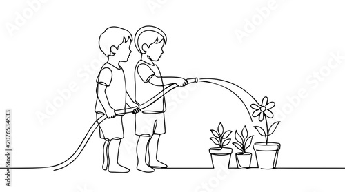 Children watering plants with garden hose. Continuous line drawing vector. Minimalist boys gardening graphic on white background