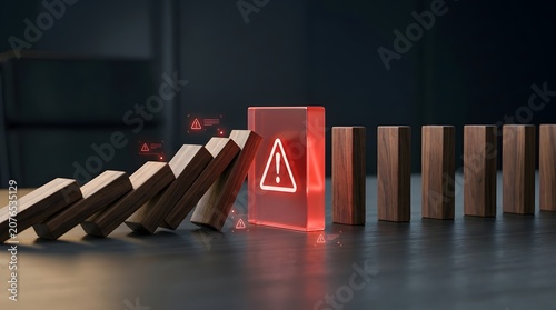 Cybersecurity risk management and crisis prevention showing glowing red alert barrier stopping falling dominoes
