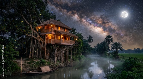 Enchanted treehouse villa at night under milky way galaxy, magical wooden house in banyan tree by river, fantasy tropical landscape with full moon