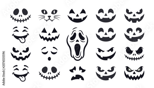 Foto Spooky Halloween pumpkin carving face black silhouette vector collection