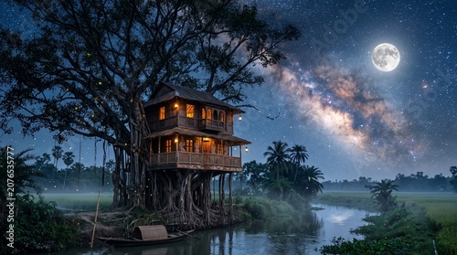 Magical treehouse at night under milky way galaxy, illuminated wooden cabin in banyan tree, starry sky over tropical river landscape