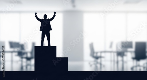 Professional triumphing atop a podium in a modern office setting