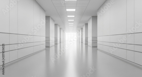 Minimalist and sleek modern hallway extending into the distance with clean lines and bright lighting