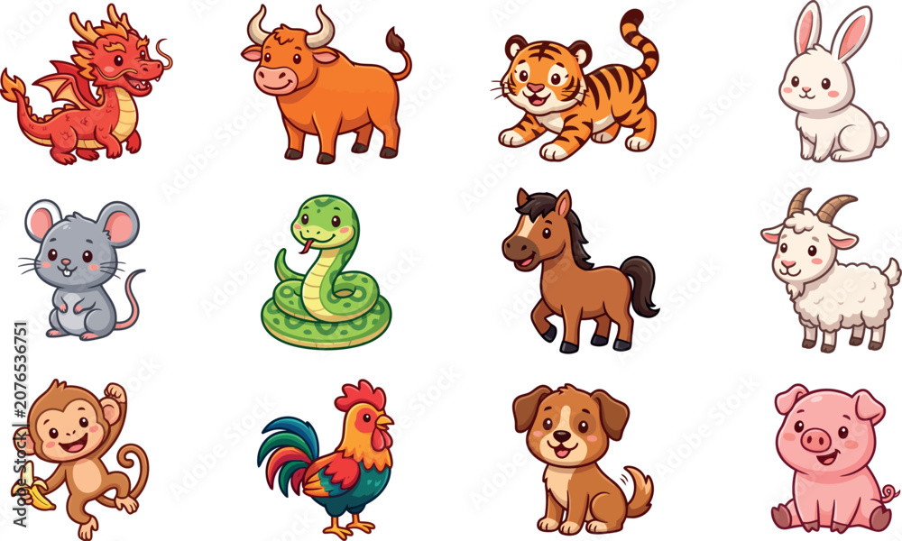 Fototapeta premium Cartoon animals including dragon, bull, tiger, rabbit, mouse, snake, horse, goat, monkey, rooster, dog, and pig