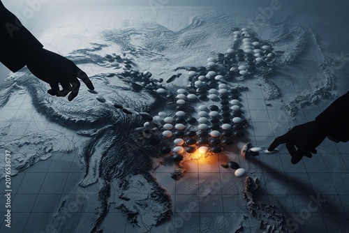 Geopolitical strategy board game with Go stones on 3D topographic East Asia relief map for trade, tech, finance, alliances
