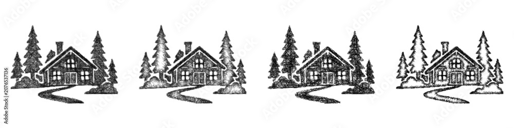 Obraz premium Monochrome sketch forest resort icon design set