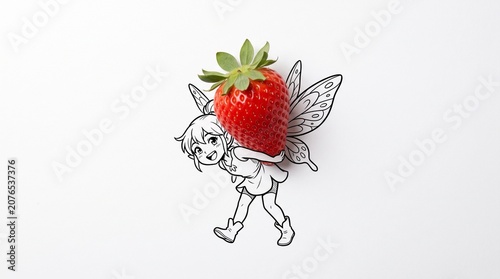 Whimsical fairy line drawing carrying a fresh red strawberry, creative mixed media art with fruit, playful fantasy character illustration on white background