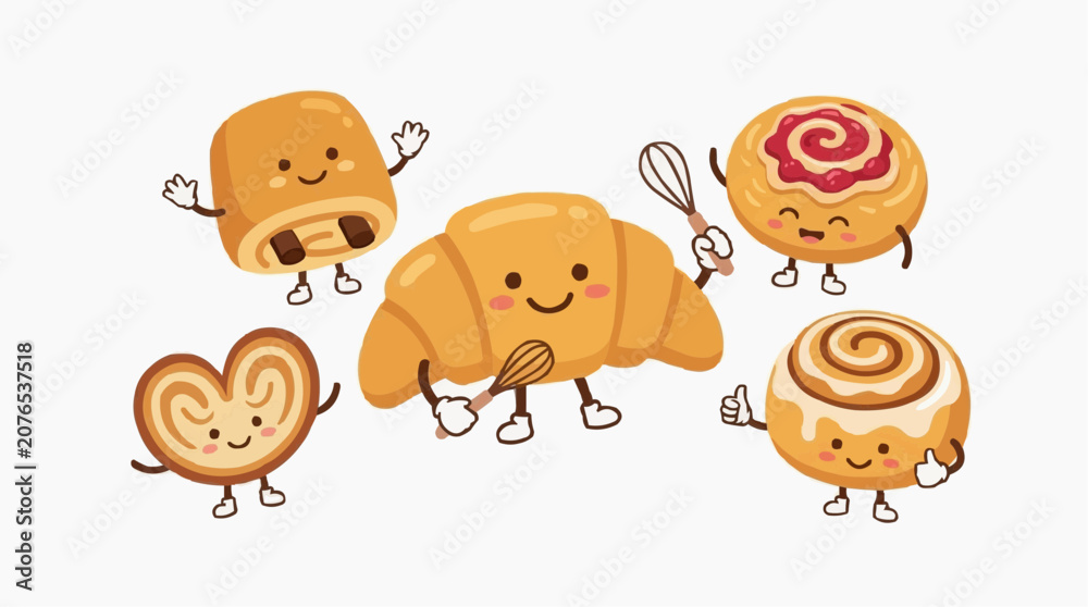 Obraz premium Cute Kawaii Pastries Characters Waving and Giving Thumbs Up Isolated on white background