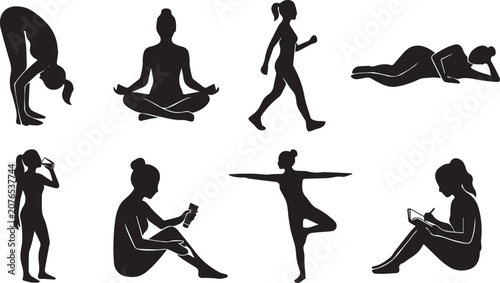 Woman daily routine and wellness silhouette vector set featuring yoga stretching meditation skincare and writing concepts