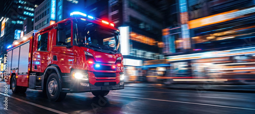 A fire truck speeds through the city, lights flashing and siren blaring. Firefighters are ready to answer an emergency call during nighttime hours