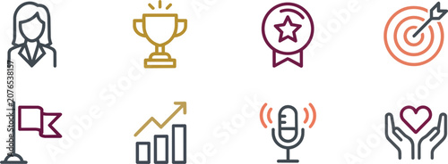 Female business leadership and success outline vector icon set