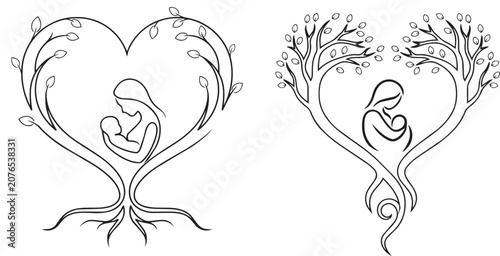 Mother and baby heart-shaped tree line art vector illustration