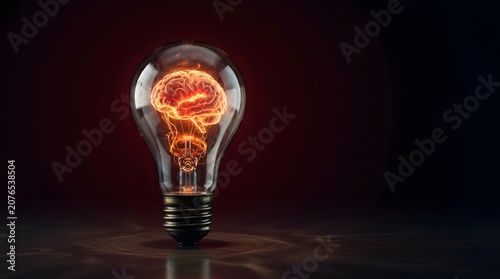 Luminous energetic brain floating inside a classic glass lightbulb