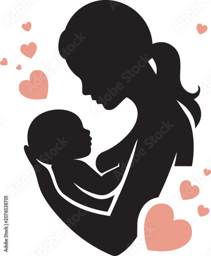 Mother holding baby silhouette with floating heart icons