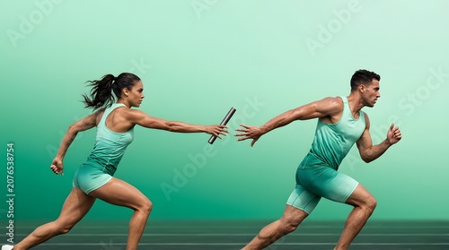 Female athletes running and passing the baton during a relay race