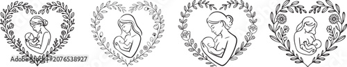 Mother breastfeeding baby in botanical floral heart frames set