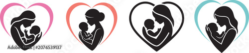 Mother and baby breastfeeding inside colorful heart frames caring mother icon set