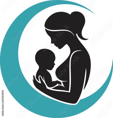Mother breastfeeding baby in crescent moon frame icon