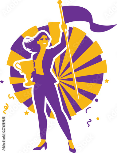 Successful businesswoman holding trophy and flag achievement illustration