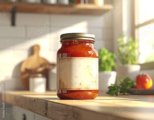 Homemade preserved tomatoes in glass jar on wooden shelf.