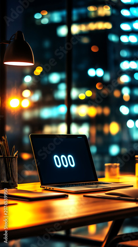 Laptop on Night Office Desk with City Lights