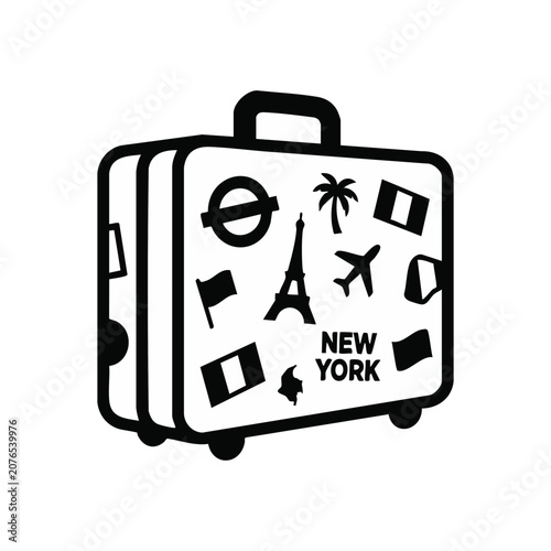 Vintage travel suitcase with destination stickers. Luggage with Eiffel Tower and New York decals. Flat vector illustration isolated on transparent background