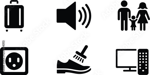 Schilderij op canvas Hotel services and amenities black glyph icons set featuring luggage family room audio outlet television and shoe cleaning vector signs