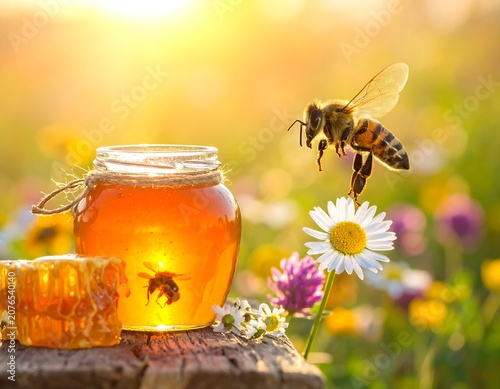 Honey bee pollinating near orange juice pitcher and flowers.
