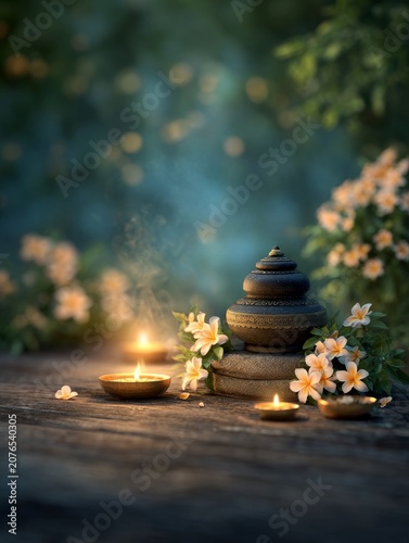 Peaceful meditation setting featuring candles and flowers for the celebration of shivaratri and a festival of devotion