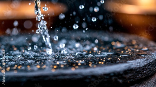 Detailed view of water droplets cascading onto a stone surface amidst the vibrant celebrations of the shivaratri festival