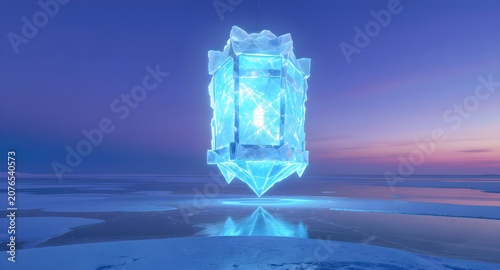 Bright blue crystalline prism hovering above a frozen lake at twilight, casting light and reflections. Futuristic fantasy energy artifact in a cold arctic landscape.