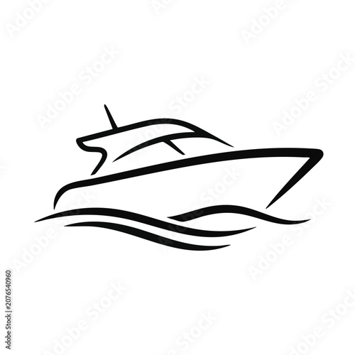 Minimalist yacht line art illustration. Sleek motor boat outline on waves. Vector logo element isolated on transparent background