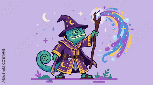 Anthropomorphic Chameleon Wizard Casting Spell with Crystal Staff and Magical Energy Burst, Flat Vector Illustration with Celestial Elements and Runes