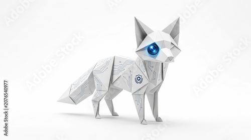 Futuristic robotic fox with low poly geometric design, white mechanical animal sculpture with blue glowing eyes, high-tech cybernetic fox concept