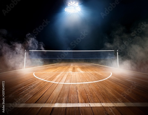 illuminated wooden volleyball court with smoke volleyball sport illuminated wooden court smoke outdoor competition game