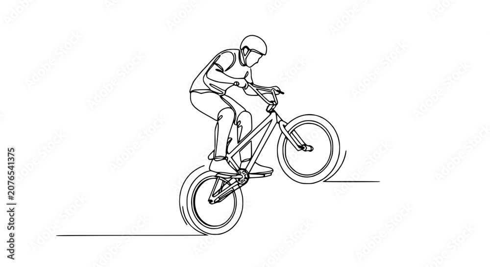 Obraz premium BMX Rider Performing Wheelie, Continuous Line Drawing, Extreme Sports