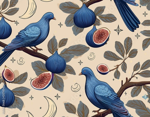 seamless pattern with blue doves figs on branches and crescent moons on a beige background
