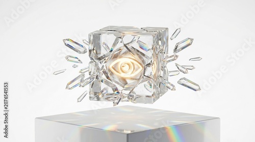 Futuristic crystal cube with glowing eye, shattered glass fragments floating in air, mystical geometric prism on white background