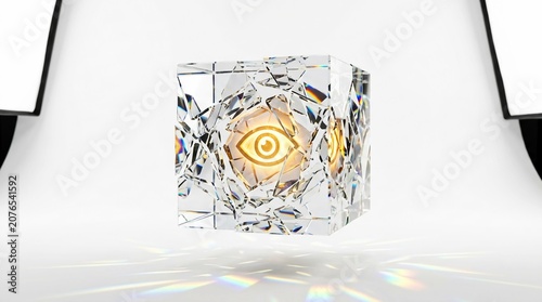 Futuristic crystal cube with glowing eye icon, geometric glass block with mystical symbol, refractive diamond texture on white studio background