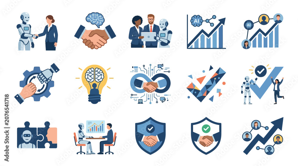 Fototapeta premium Artificial Intelligence and Human Collaboration Icons Set.
