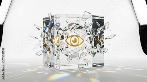 Shattered glass cube with golden eye icon, exploding crystal block on white background, conceptual vision and surveillance art