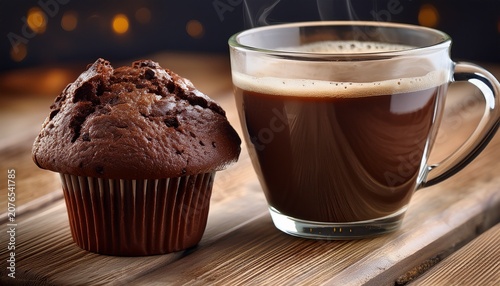 warm cup of coffee next to a freshly baked chocolate muffin on a wooden table wooden table baked goods
