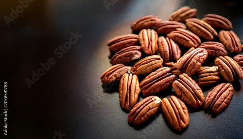 warmly lit pecan nuts scattered on a dark background organic pecan nuts