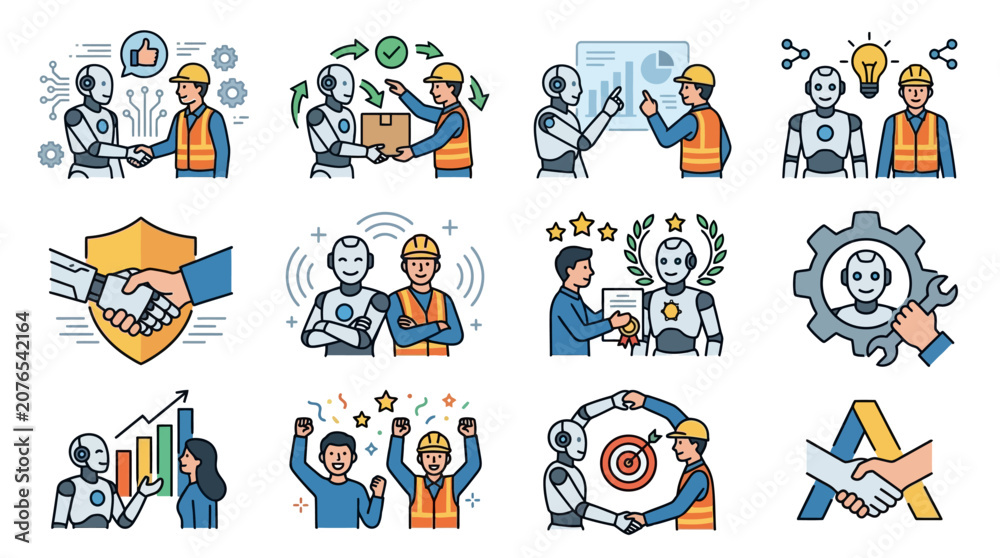 Fototapeta premium Set of illustrations depicting collaboration between humans and robots in industrial settings.