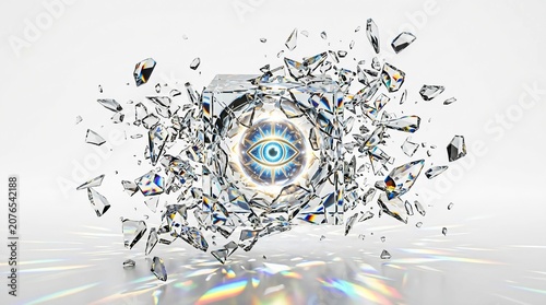 Surreal crystal eye exploding into glass shards, mystical eye of providence within shattered diamond cube, abstract spiritual vision illustration